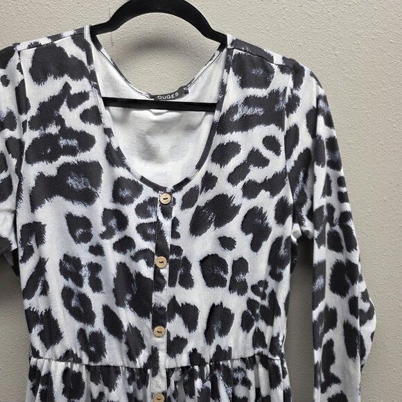 OUGES Dress Womens XL Black White Leopard Print Button Front Pockets Long Sleeve - Picture 2 of 10